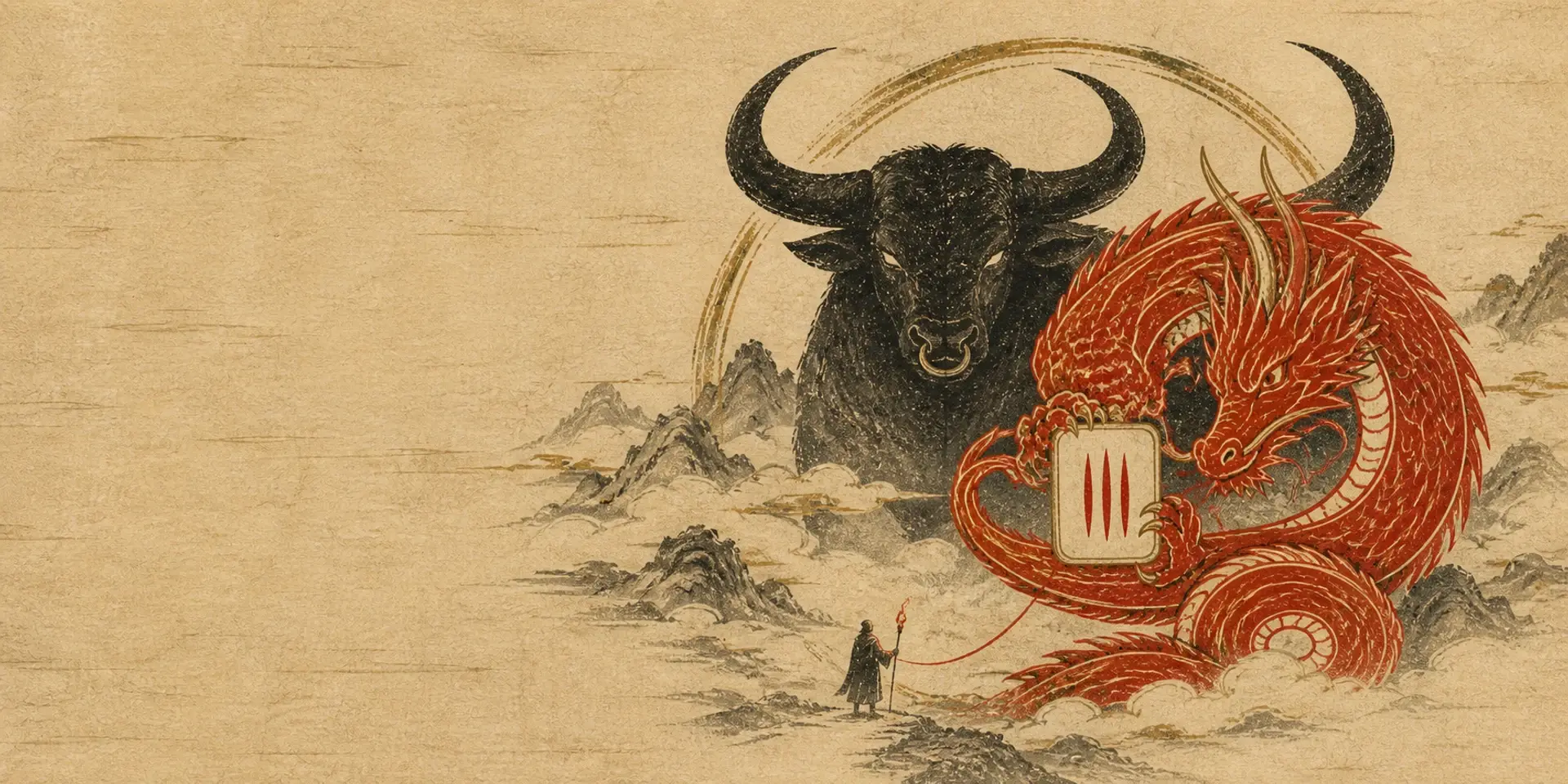 Woodblock-style Red Dragon guarding the third tile beside a black bull and small torch-bearer