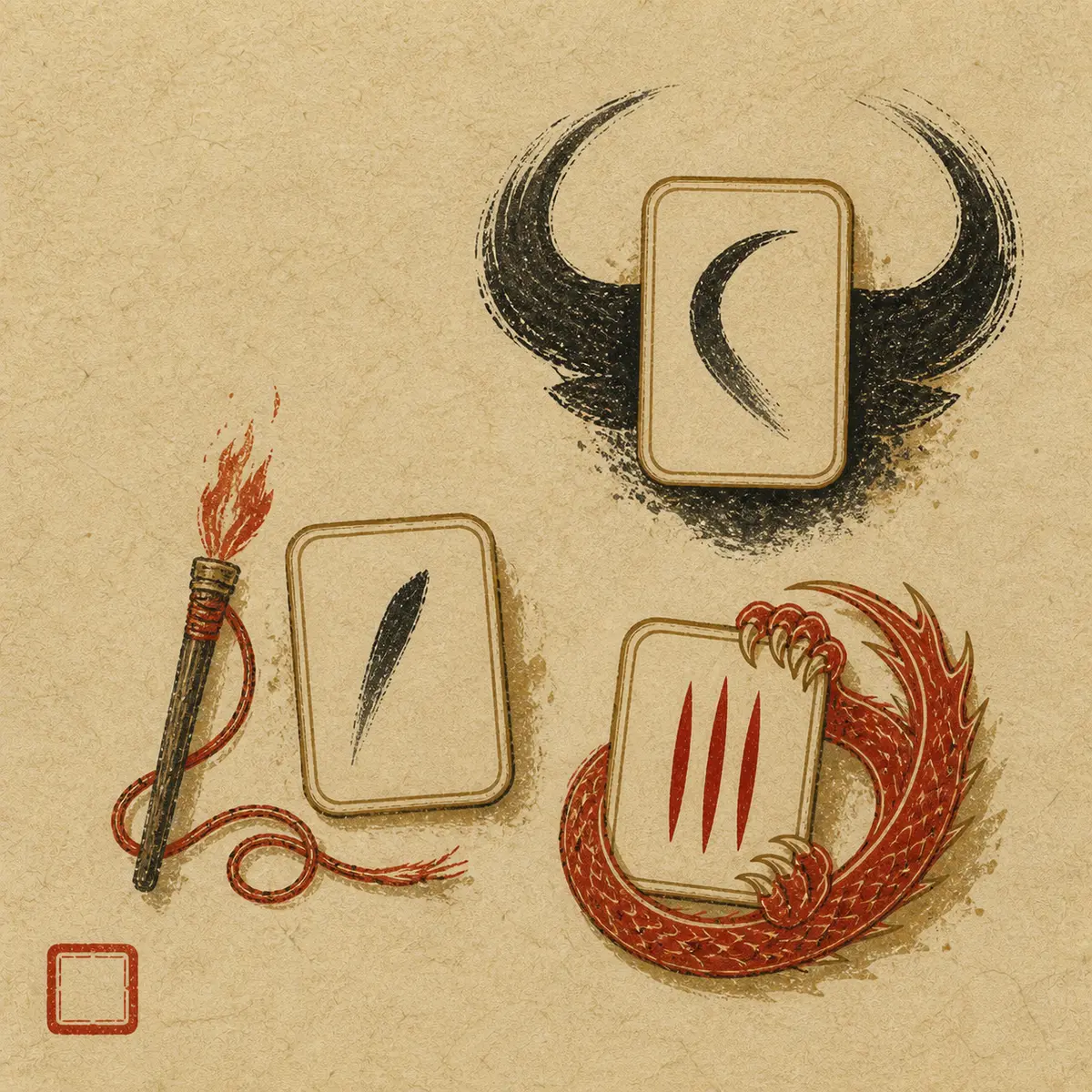 Three carved tiles representing anchor, spark, and guardian